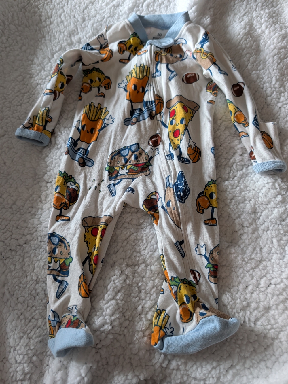 NEST Fragrances Cream Footie Pajamas with Blue Trim and Food Character Print